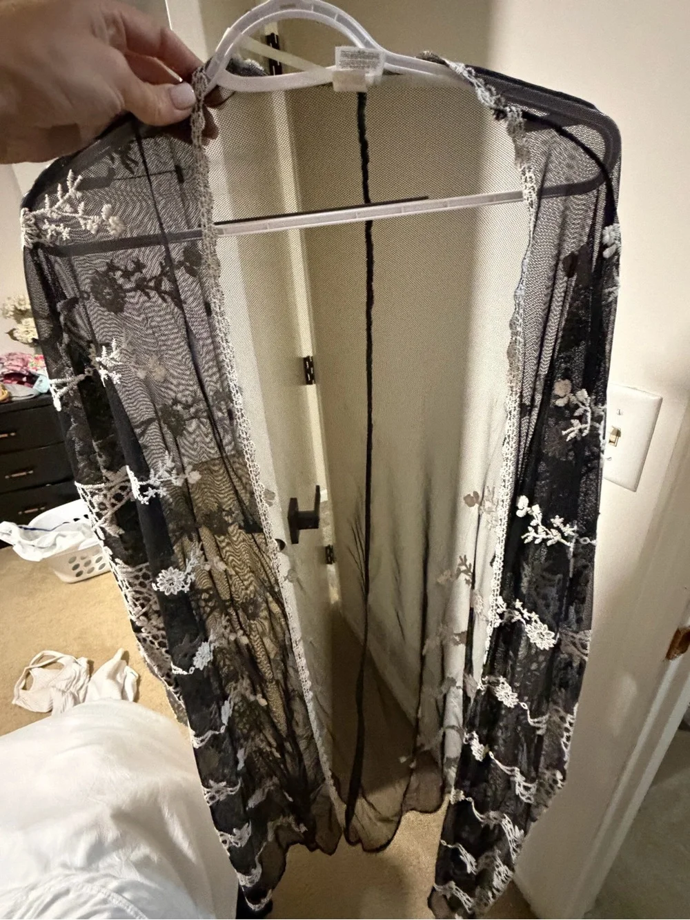 Sheer Black Lace Kimono Robe with Ivory Floral Embroidery